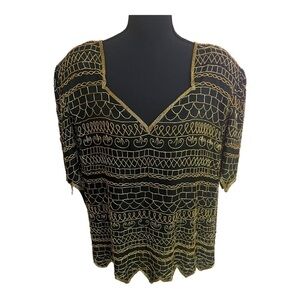 Laurence Kazar Black Gold Silk Beaded Sequin Blouse 2X